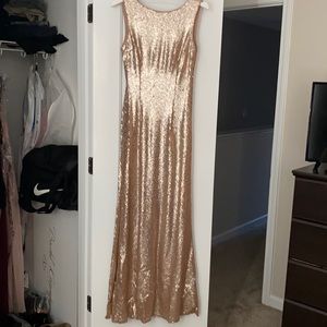 Rose gold sequin maxi dress.